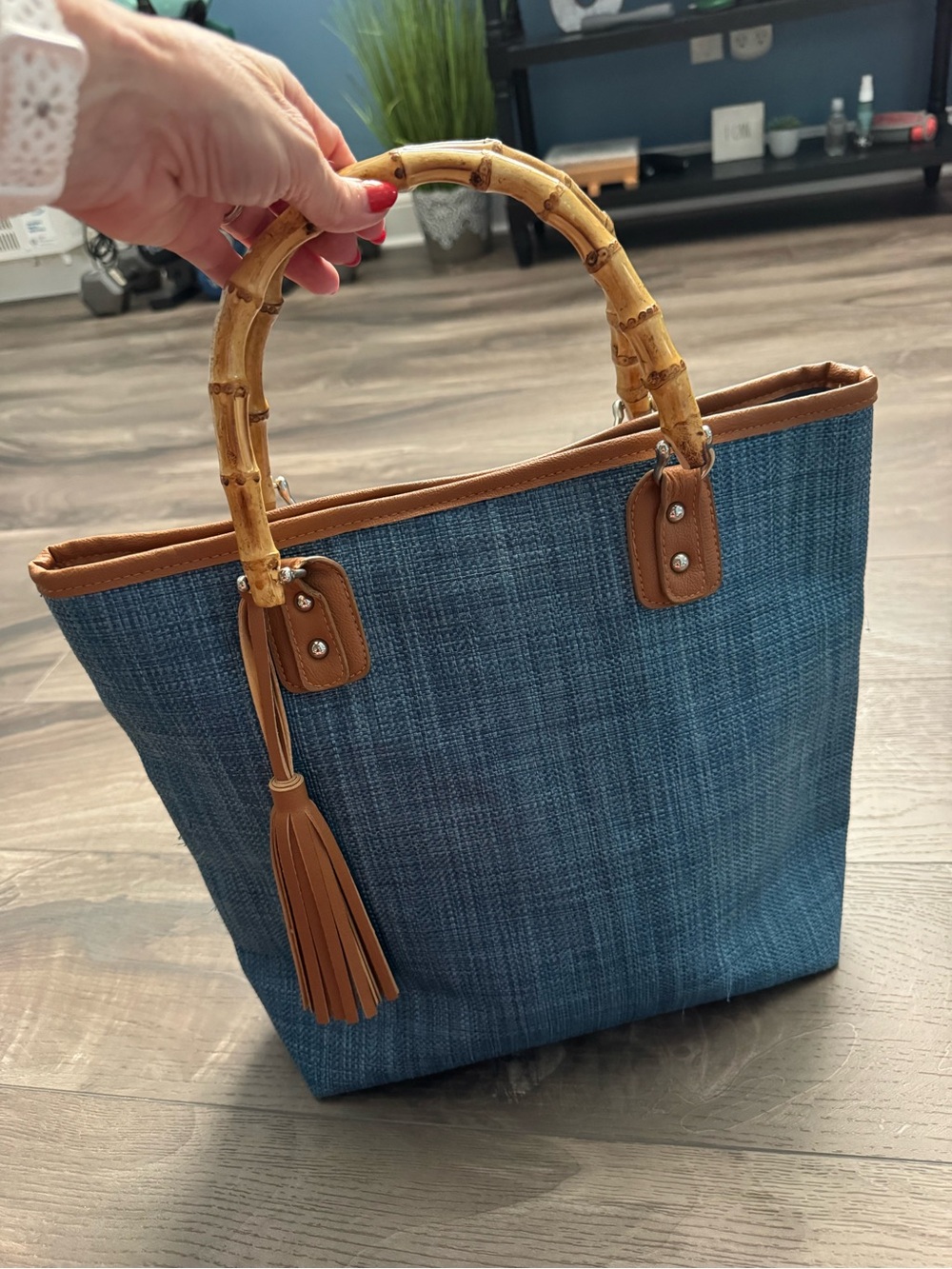 Blue Woven Tote with Bamboo Handles and Tan Trim